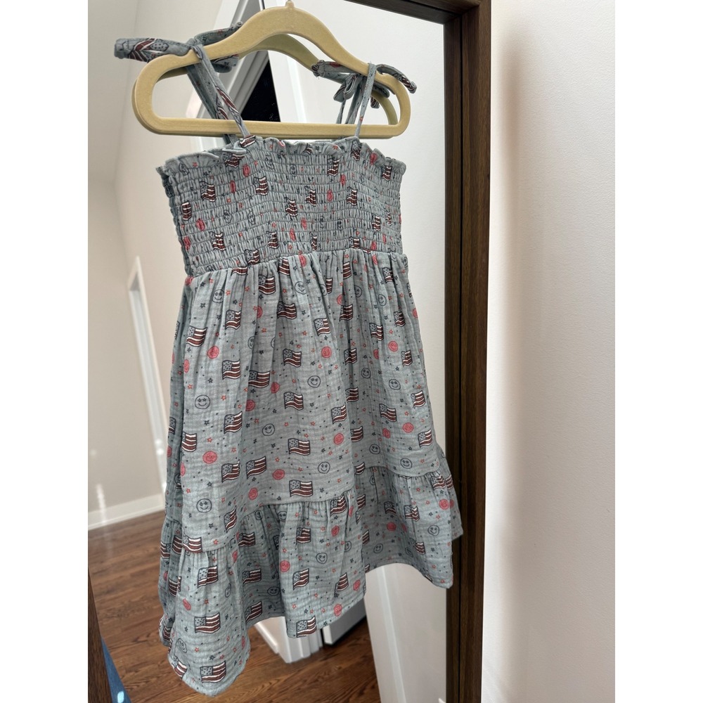 BabySprouts Kids 5T Blue Cotton Gauze American Flag Smiley Tiered Sundress